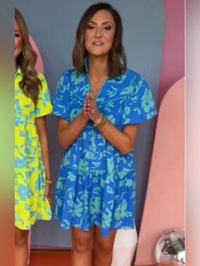 Umgee Blue Floral Tiered Mini Dress with Mint Accents